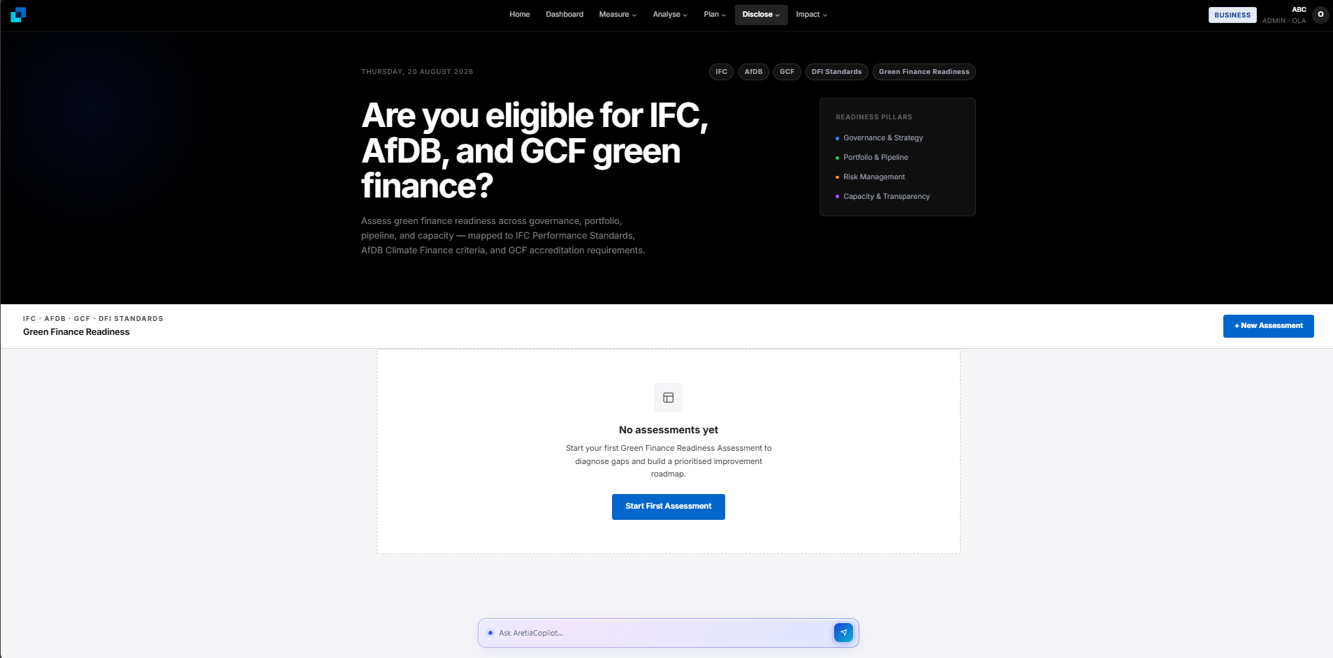 Green Finance Readiness platform screenshot
