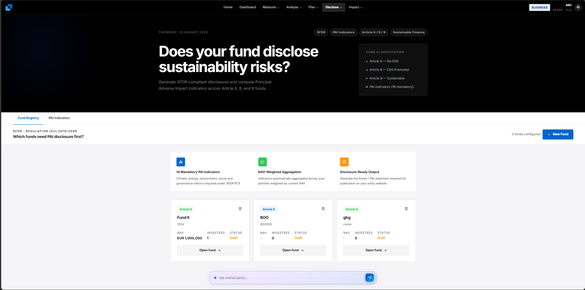 SFDR PAI Reporting platform screenshot